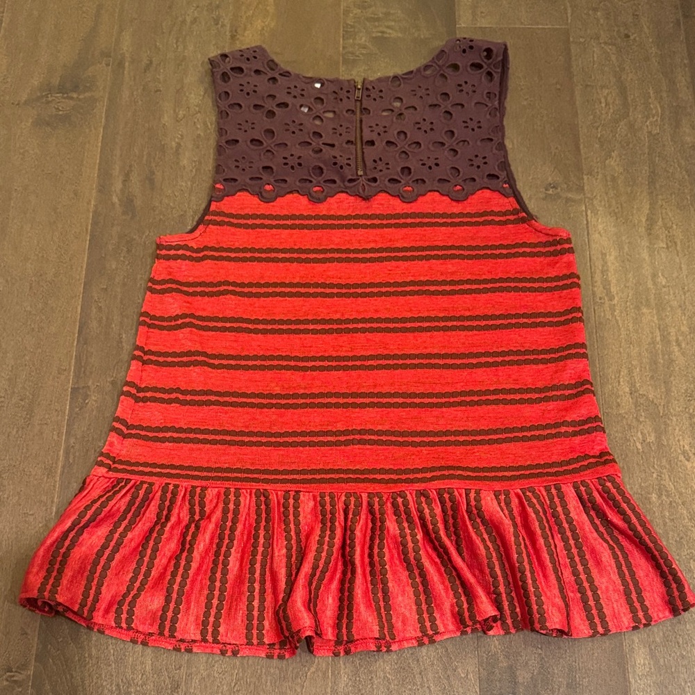 Free People Molly Retro Eyelet Striped Peplum Top Red Brown S - Picture 3 of 5